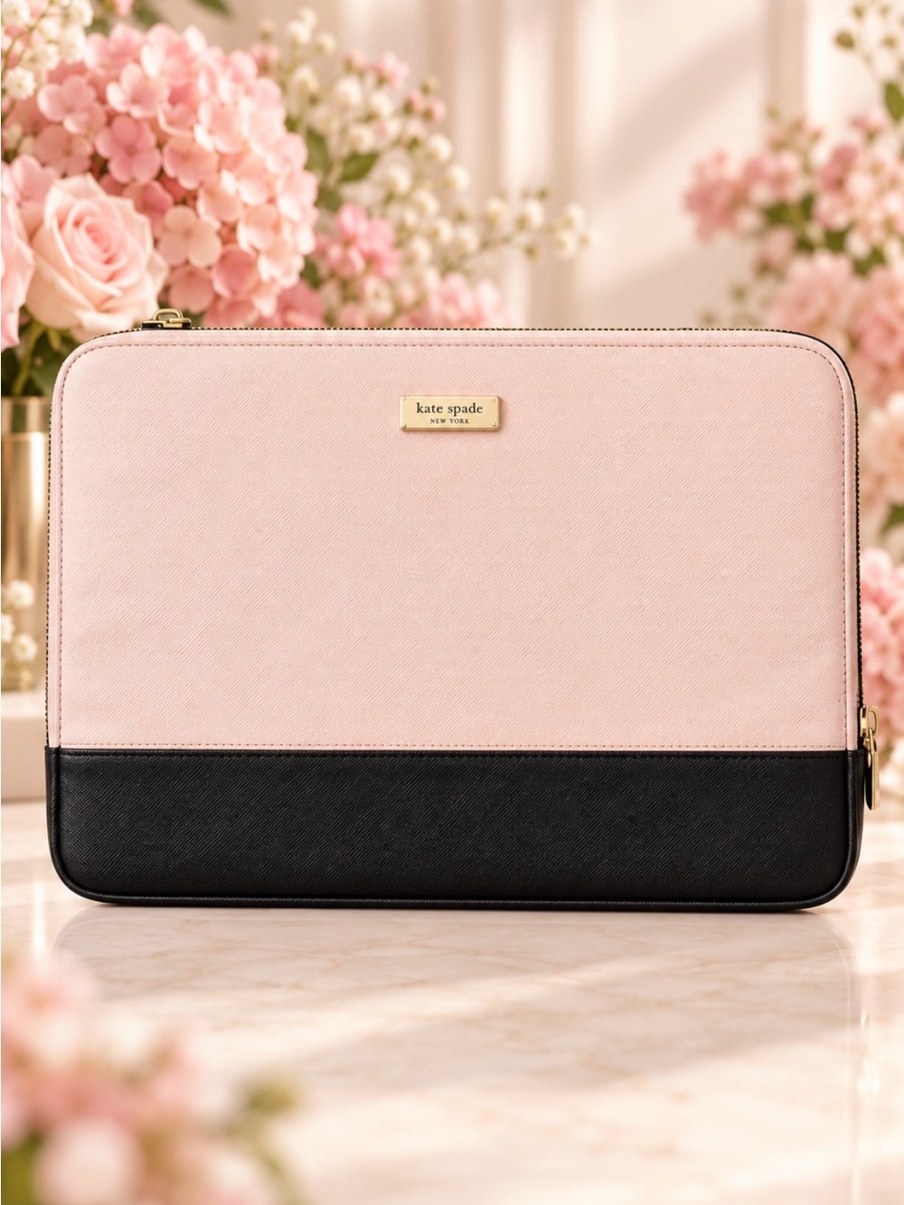 kate spade Two-Tone Pink and Black Tablet Sleeve with Gold Plaque